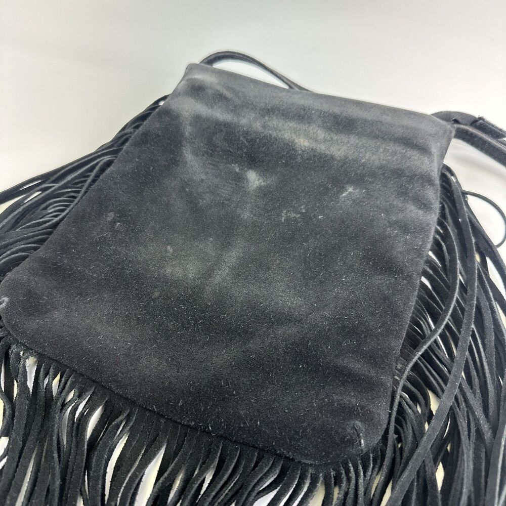 Monserat de Lucca Black Suede Fringe Trim Purse Crossbody Bag Zip Festival Boho - Picture 2 of 16